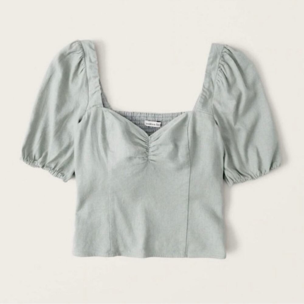 Abercrombie and Fitch Linen Blend Mint Puff Sleeve Crop Green Blouse XS
